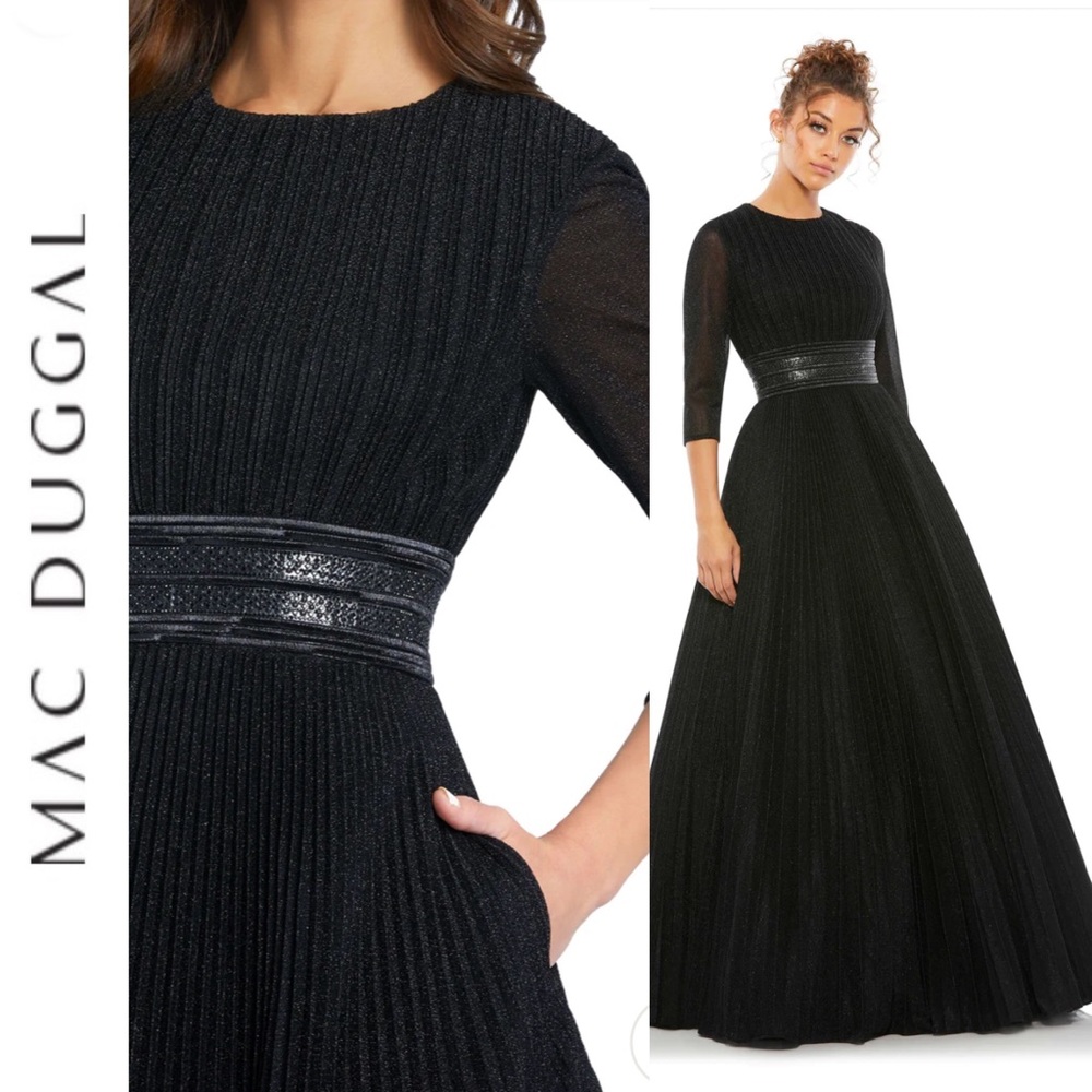 Mac Duggal - Black Shimmering Pleated  A-Line 3/4 Sleeve Gown Size 4